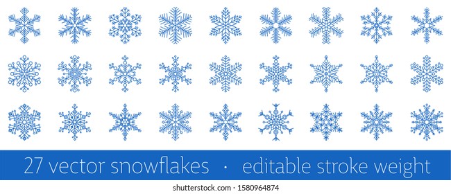 Set of 27 blue snowflake icon - a symbol of winter holidays, xmas and new year, cold weather and frost - isolated on white background. Elegant vector design element with editable stroke weight. 