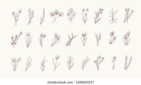 Set of 27 bouquets and minimalist flowers for logos or tattoos. Line drawing wedding card elegant leaves for invitations save the date modern greenery