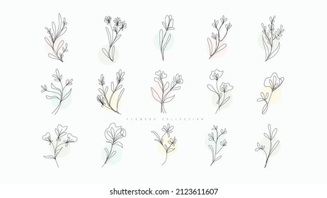 Set 27 bouquets   minimalist flowers for logos tattoos  Line drawing wedding card elegant leaves for invitations save the date modern greenery