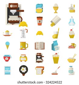 Set of 27 flat color design vector icons for breakfast or lunch menu. Coffee, desserts, bread, cereal, jam and honey and other healthy and tasty meal.