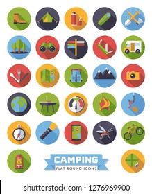 Set of 27 flat design long shadow camping, hiking and outdoor pursuit round vector icons