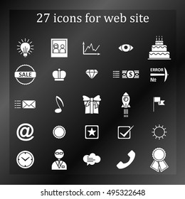 a set of 27 icons, badges, symbols, logos for the Web site. White icons on a black  background. Silhouette. Illustration Vector