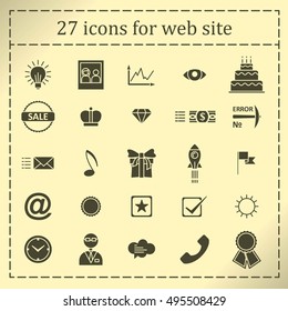 a set of 27 icons, badges, symbols, logos for the Web site. Gray icons on a beige background. Silhouette. Illustration Vector