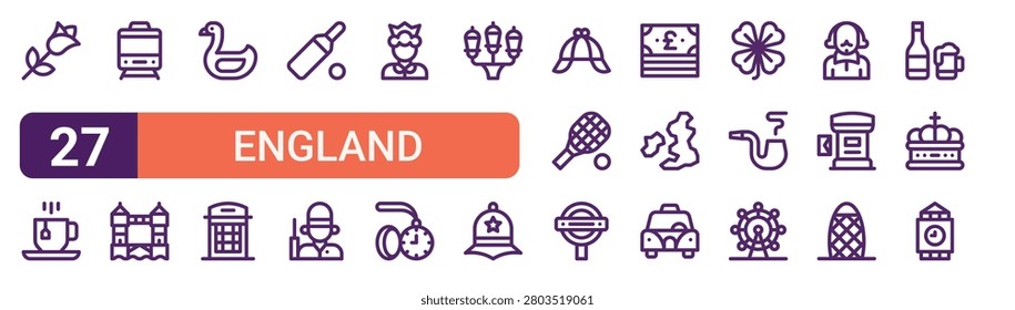 Set of 27 linear England icons for web projects, mobile apps and interface menus. Vector icon set including tea cup, swan, queen, detective hat, taxi and big ben.