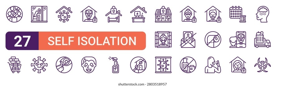 Set of 27 linear Self Isolation icons for web projects, mobile apps and interface menus. Vector icon set including bulk buying, virus, bedroom, stayhome, no travelling and biohazard.