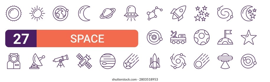 Set of 27 linear Space icons for web projects, mobile apps and interface menus. Vector icon set including astronaut, earth, saturn, constellation, spiral galaxy and galaxy.