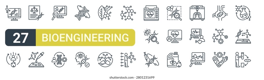 Set of 27 outline Bioengineering icons for modern UI, landing pages and digital services. Editable stroke collection with bioinformatics, thermodynamics, biomedical, gene therapy, observation and