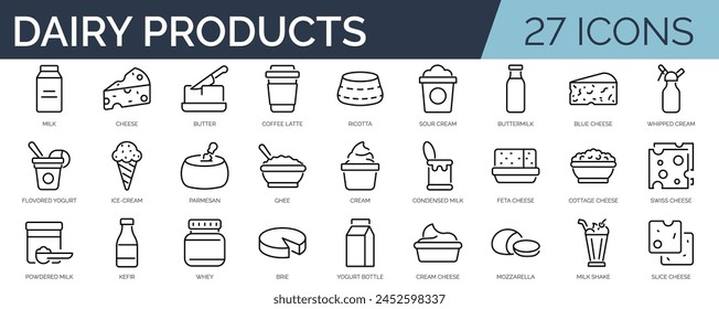 Set of 27 outline icons related to dairy products. Linear icon collection. Editable stroke. Vector illustration