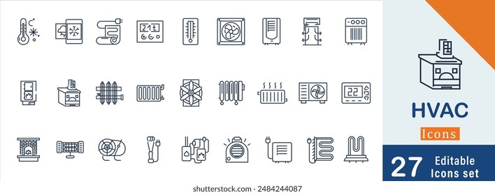 Set of 27 outline icons related to HVAC. Linear icon collection. Editable stroke. Vector illustration