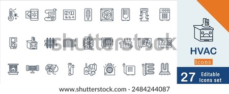 Set of 27 outline icons related to HVAC. Linear icon collection. Editable stroke. Vector illustration