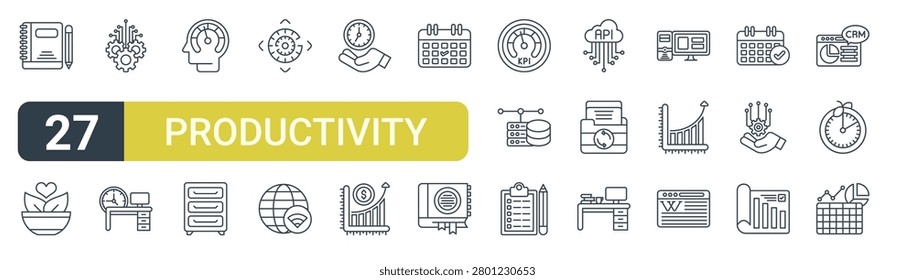 Set of 27 outline Productivity icons for modern UI, landing pages and digital services. Editable stroke collection with notes, healthy food, integration, internet, database and wikipedia.
