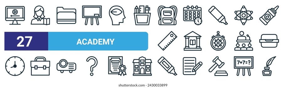 set of 27 outline web academy icons such as video tutorial, teacher, folder, schedule, library, briefcase, highlighter, inkwell vector thin line icons for web design, mobile app.