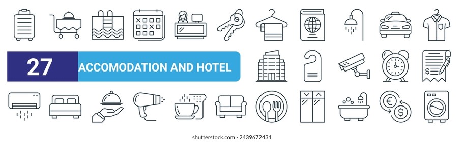 conjunto de 27 iconos esquemáticos de alojamiento web e iconos de hotel como equipaje, servicio de habitaciones, piscina, pasaporte, etiqueta de la puerta, cama de hotel, cena, lavado de línea delgada vectorial iconos para el diseño web, móvil