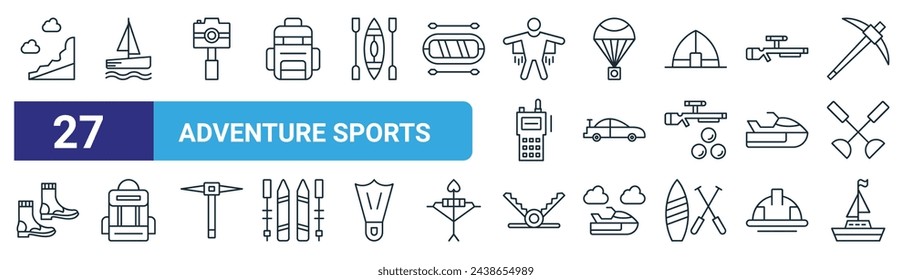 Set von 27 Outline-Web-Abenteuer-Sport-Icons wie Klippe, Katamaran, Unterwasserkamera, Fallschirm, Auto, Rucksack, Falle, Boot Vektor dünne Linie Icons für Web-Design, mobile App.