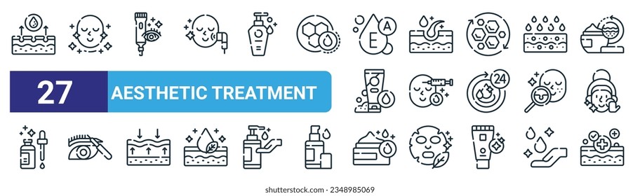 set of 27 outline web aesthetic treatment icons such as exfoliation, rejuvenation, eye cream, epidermis, filler, microblading, moisturizer, recovery vector thin line icons for web design, mobile