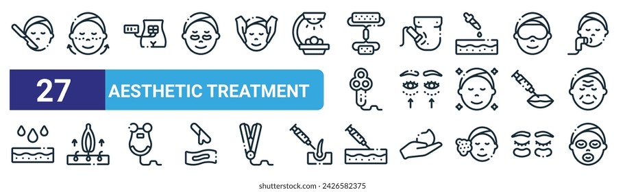 set of 27 outline web aesthetic treatment icons such as surgery, ellanse, liposuction, radiofrequency, blepharoplasty, hair removal, injection, facial mask vector thin line icons for web design,