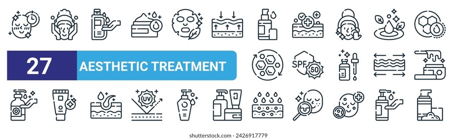 set of 27 outline web aesthetic treatment icons such as recovery, wash face, toner, recovery, spf, brightening,  , cleanser vector thin line icons for web design, mobile app.