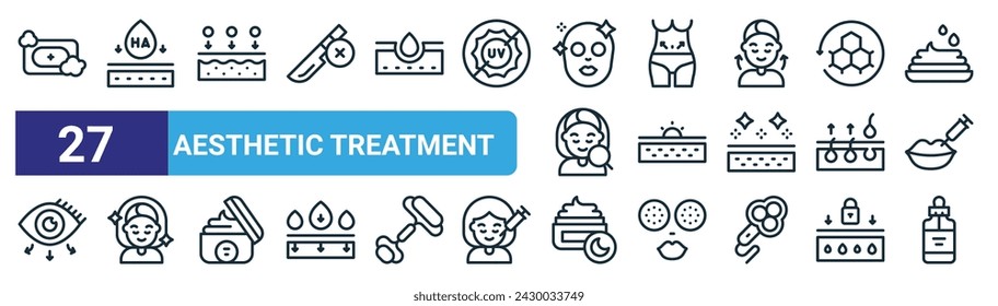 set of 27 outline web aesthetic treatment icons such as medical, hyaluronic acid, collagen, waist, mole, glowing skin, night cream, serum vector thin line icons for web design, mobile app.