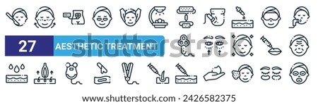 set of 27 outline web aesthetic treatment icons such as surgery, ellanse, liposuction, radiofrequency, blepharoplasty, hair removal, injection, facial mask vector thin line icons for web design,