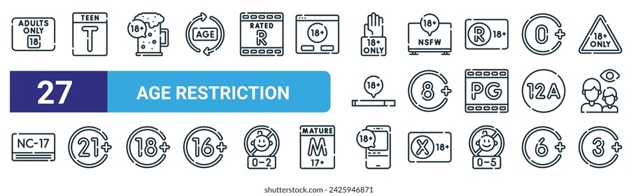 conjunto de 27 iconos de restricción de edad web esquemática como adultos solamente, adolescentes, cerveza, nsfw, , medios sociales, iconos de línea delgada vectorial para diseño web, móvil