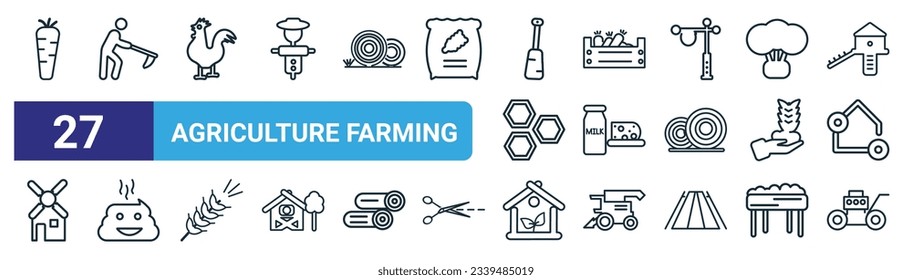 conjunto de 27 esquemas de íconos de la agricultura web como zanahorias, azada de granjeros, gallo, productos agrícolas, productos lácteos, poo, invernadero, iconos de la línea delgada mower vector para diseño web, aplicación móvil.