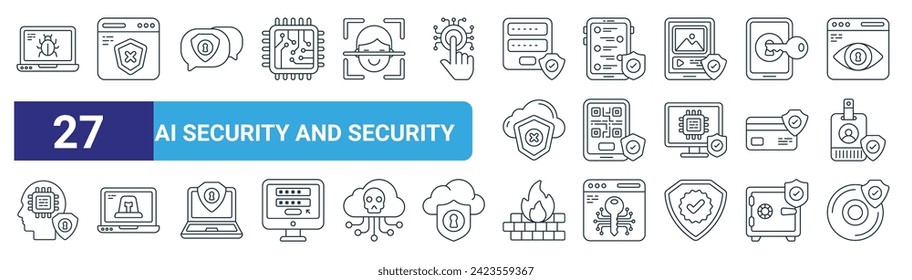 set of 27 outline web ai security and security icons such as laptop, no security, encrypted, mobile, mobile, hooter, fire, cd vector thin line icons for web design, mobile app.
