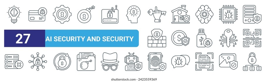 conjunto de 27 iconos de seguridad y seguridad de esquema web ai como creativo, bug, security, home network, huella dactilar, bloqueo vectorial de iconos de línea delgada para diseño web, aplicación móvil.