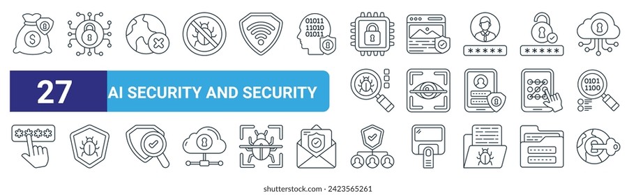 set of 27 outline web ai security and security icons such as financial security, encryption, globe, gallery, iris, team, access vector thin line icons for web design, mobile app.