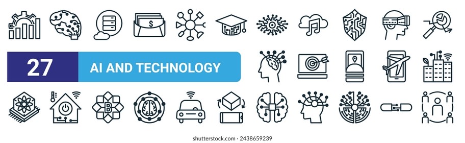 conjunto de 27 iconos de tecnología y ia web esquemática como productividad, red neuronal, big data, música, marketing digital, automatización del hogar, ia, vector de redes sociales iconos de línea delgada para diseño web,