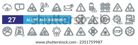 set of 27 outline web alert and warning icons such as cloud storage, chat balloon, cctv camera, low battery, no fire, wet floor, uv, radiation vector thin line icons for web design, mobile app.