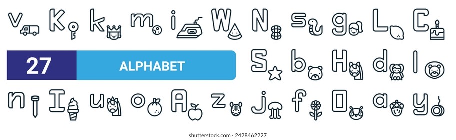 set of 27 outline web alphabet icons such as letter v, letter k, letter k, s, b, l, j, y vector thin line icons for web design, mobile app.