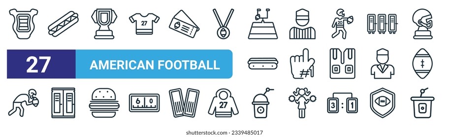 eine Reihe von 27 skurrilen Web-American-Football-Symbolen wie Rückenschutz, Hot Dog, Trophäe, Schiedsrichter, Schaumfinger, Sportspender, Soda, Natronglas mit einem Strohvektor-Dünnzeilensymbole für Webdesign,