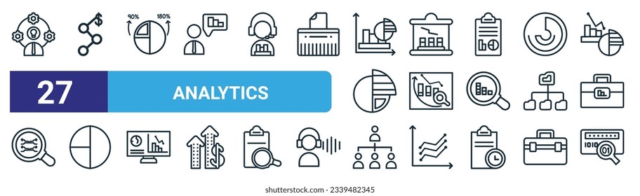 set of 27 outline web analytics icons such as business skills, money, round value chart, business plan, analytics, graph pie, organization, binary data search vector thin line icons for web design,