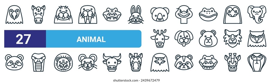 set of 27 outline web animal icons such as parrot, horse, seal, ostrich, dog, snake, eagle, cobra vector thin line icons for web design, mobile app.