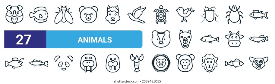 set of 27 outline web animals icons such as guinea pig heag, flounder, fly, sparrow, camel, zander, hedgehog, lemur vector thin line icons for web design, mobile app.