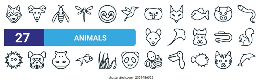 set of 27 outline web animals icons such as wolf, goat, wasp, fox, manta ray, bulldog, octopus, dolphin jumping vector thin line icons for web design, mobile app.