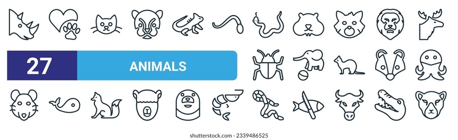 set of 27 outline web animals icons such as rhinoceros, pet care, kitten, hamster, elephant on a ball, big fish, coral snake, puma vector thin line icons for web design, mobile app.