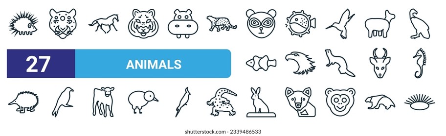 set of 27 outline web animals icons such as hegdehog, jaguar, wild horse, puffer, hawk, raven, hare, clam vector thin line icons for web design, mobile app.