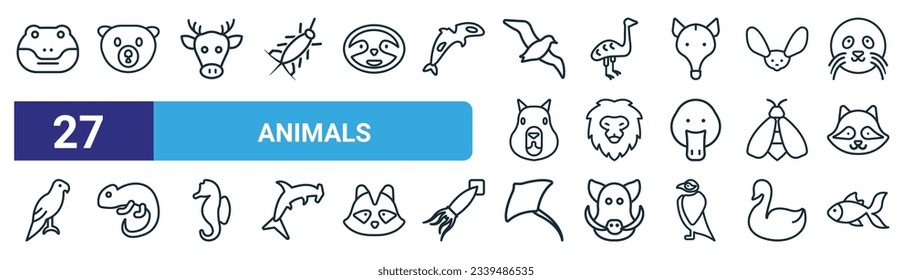 set of 27 outline web animals icons such as crocodile, mink, moose, ostrich, lion, chameleon, ray, goldfish vector thin line icons for web design, mobile app.