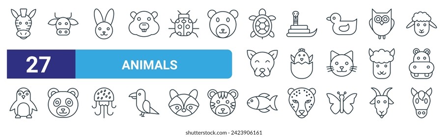 conjunto de 27 íconos de linea de animales de la web como cebra, vaca, conejo, serpiente, polluelo, panda, pez, vectores de caballo iconos de línea delgada para diseño web, aplicación móvil.