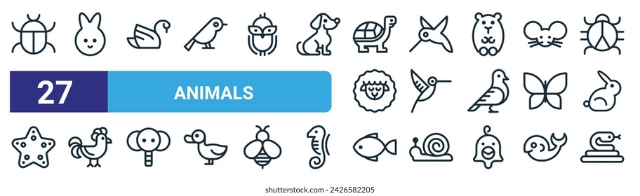 conjunto de 27 iconos de contorno de animales web como insecto, conejo, cisne, pájaro, pájaro, pollo, pez, vector de aperitivo línea delgada iconos para el diseño web, aplicación móvil.