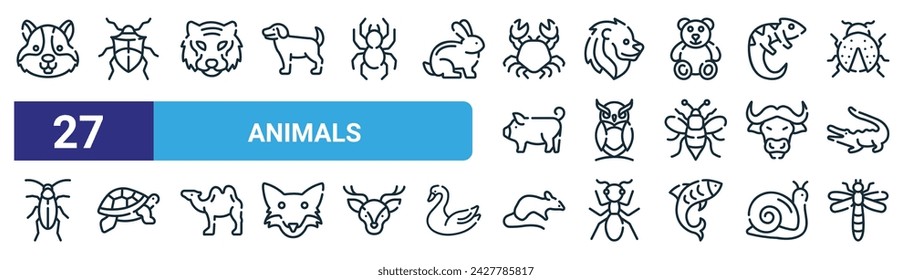 conjunto de 27 iconos de animales web de contorno como hámster, escarabajo, tigre, león, búho, tortuga, ratón, vector de libélula línea delgada iconos para el diseño web, aplicación móvil.