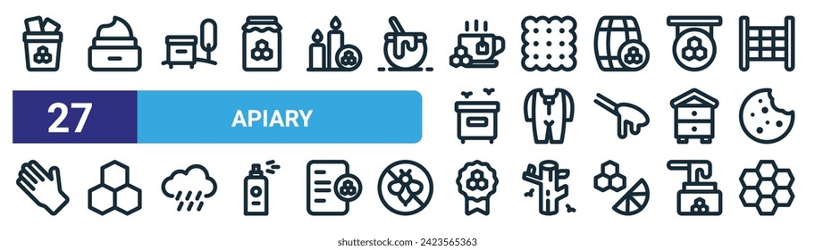 set of 27 outline web apiary icons such as bucket, cream, apiary, biscuit, uniform, honeycomb, award, honeycomb vector thin line icons for web design, mobile app.