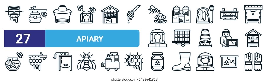 set of 27 outline web apiary icons such as strainer, beehive, hat, apiary, beehive, honeycomb, honey, hand gloves vector thin line icons for web design, mobile app.