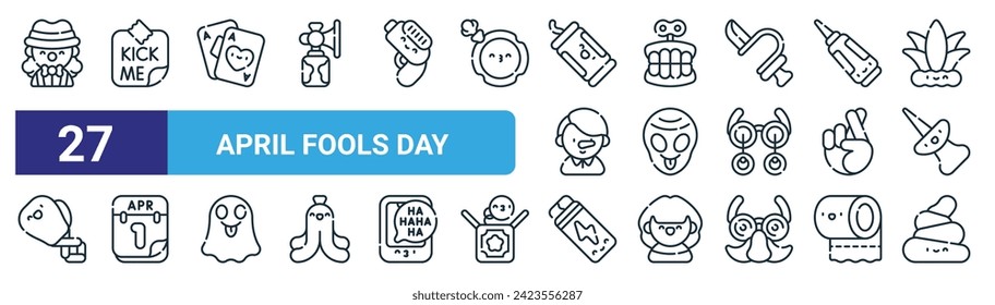 conjunto de 27 contornos web abril iconos de día de los tontos como payaso, patéame, tarjetas, denture, alien, abril, chicle, poop vector iconos de línea delgada para el diseño web, aplicación móvil.
