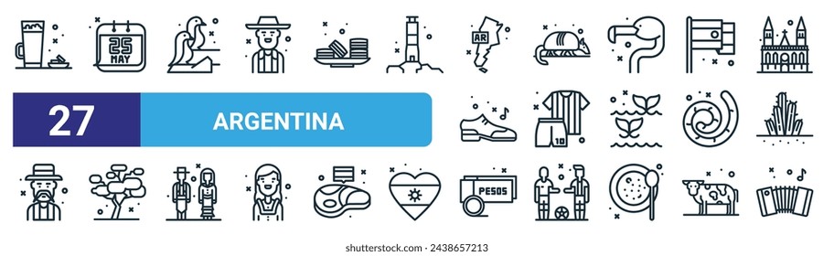 set of 27 outline web argentina icons such as hot drink, national day, penguins, armadillo, soccer equipment, jacaranda, peso, accordion vector thin line icons for web design, mobile app.