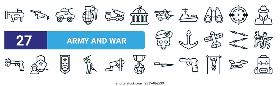 Set von 27 Umriss-Web-Armee und Kriegssymbole wie Granatwerfer, Pistole, gepanzerte Fahrzeuge, Schiff, Anker, Marine, Bajonett auf Gewehr, Armee Rucksack Vektor dünne Linie Symbole für Web-Design, mobile App.