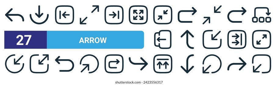 set of 27 outline web arrow icons such as reply, import, send, undo, arrow up, scale, upload, bottom left vector thin line icons for web design, mobile app.