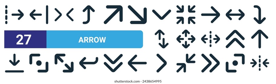 set of 27 outline web arrow icons such as arrow right, arrow left, chevron, minimize, maximize, diagonal right chevron, fold vector thin line icons for web design, mobile app.