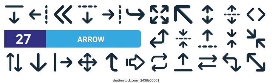 set of 27 outline web arrow icons such as down arrow, arrow left, left chevron, up left fold, down, repeat, diagonal vector thin line icons for web design, mobile app.